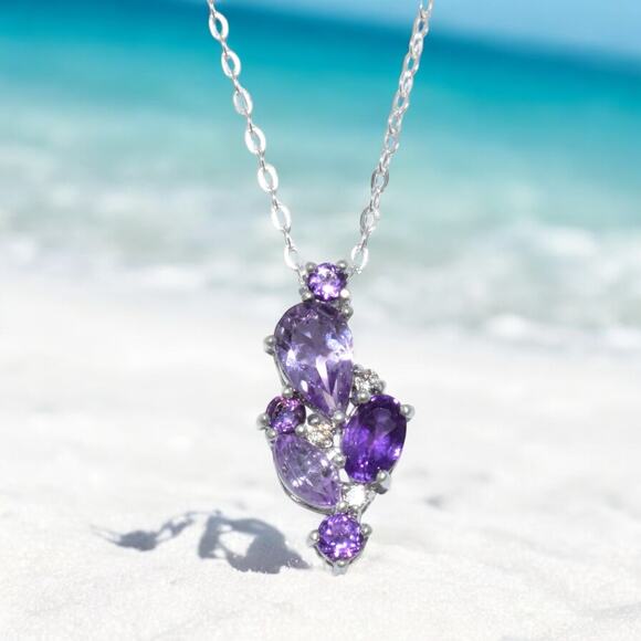 Purple Amethyst Diamond Pendant Necklace 18 inch 925 Sterling Silver Chain - Picture 1 of 5